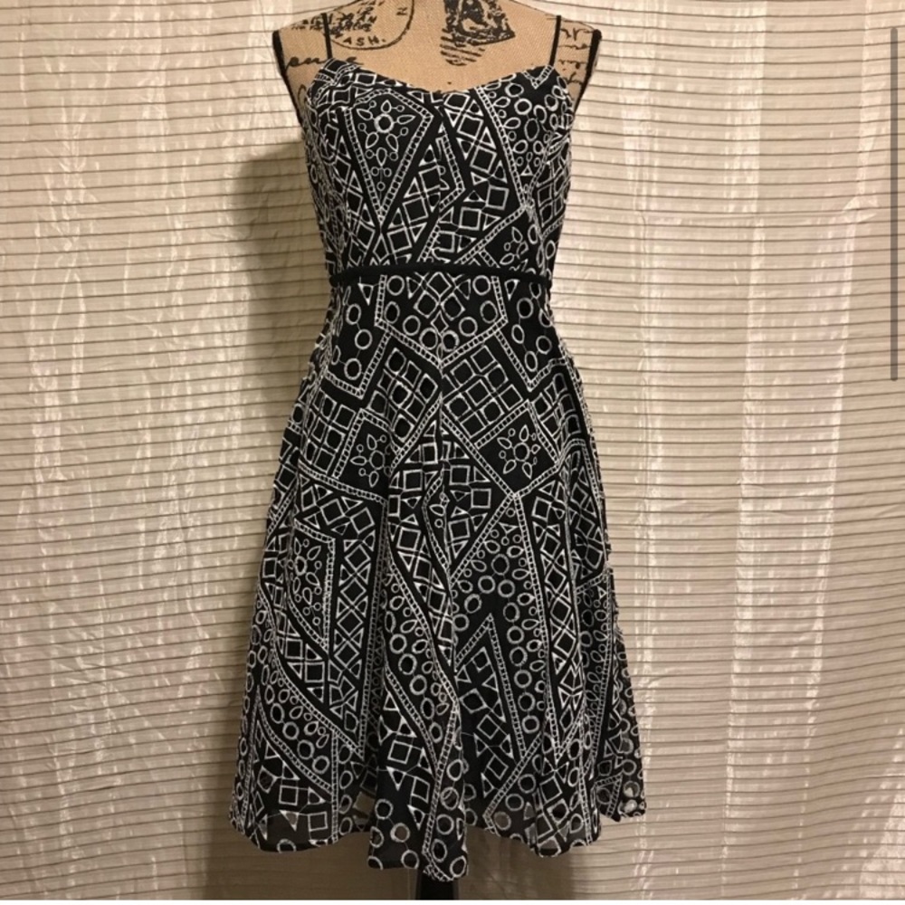 EUC Banana Republic Sz 4 Geometric Eyelet Spaghetti step fit & flare midi dress
